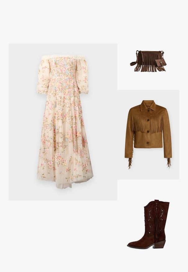 Bruine suède cropped jas met knoopsluiting, puntige kraag en franjes over borst en mouwen.; Off-shoulder, crèmekleurige jurk met bloemenborduurwerk, doorschijnende pofmouwen en een gelaagde, vloeiende rok met een stippenstructuur.; Bruine suède cowboylaarzen met franjes, decoratieve zilveren studs, een puntige neus en een gestapelde hak. Subtiele reliëfpatronen op de schacht.; Bruine suède crossbodytas met lange franjes en een bijpassende kleine portemonnee, beide met goudkleurige hardware.