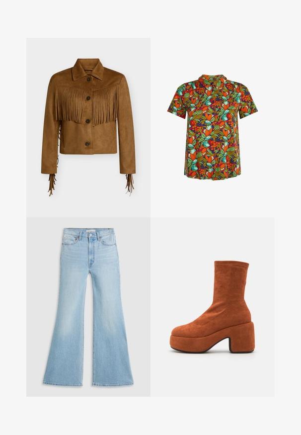 Braune Wildleder-Cropped-Jacke mit Knopfverschluss, spitzem Kragen und Fransen-Details über Brust und Ärmeln.; Kurzärmeliges Hemd zum Knöpfen mit lebhaftem Muster aus orangefarbenen, grünen und blaugrünen Früchten und Blättern auf dunklem Hintergrund.; Helle blaue Schlagjeans mit hoher Taille, aus Denim gefertigt. Sie verfügen über ein klassisches Fünf-Taschen-Design und einen rohen Saum an den Säumen.; Braune Wildleder-Stiefeletten mit Blockabsatz und Plattformsohle. Das Obermaterial verfügt über eine glatte Textur und Nahtdetails und reicht bis zur Mitte des Waden.