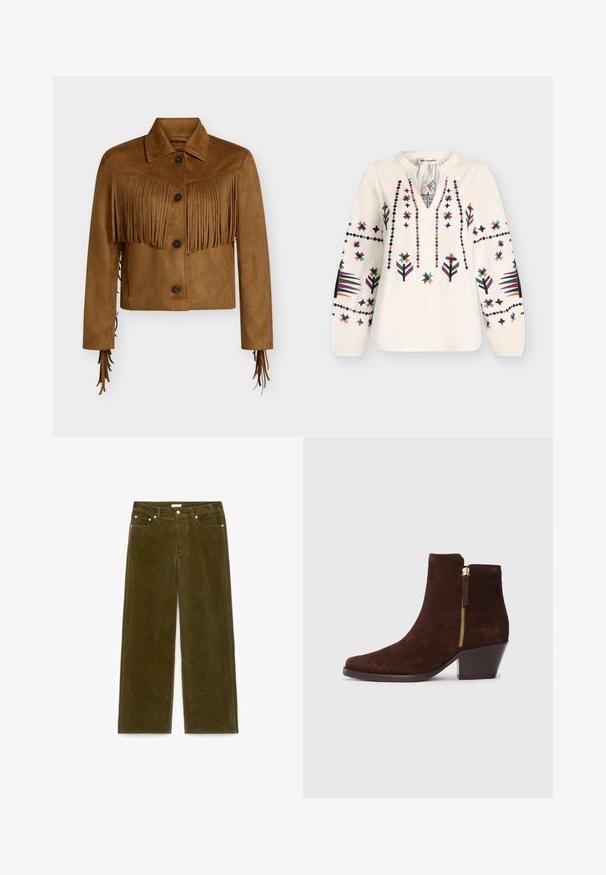 Veste courte en daim marron avec fermeture à boutons, col pointu et détails à franges sur la poitrine et les manches.; Blouse blanche à manches longues avec broderie florale géométrique colorée, col en V avec petit col montant et poignets élastiques.; Pantalon en velours côtelé vert olive avec jambes droites, poches avant, passants pour ceinture et fermeture par bouton sur fond blanc.; Bottine en daim marron avec bout pointu, détail de fermeture éclair dorée sur le côté extérieur, et talon épais. Texture lisse avec des lignes épurées.