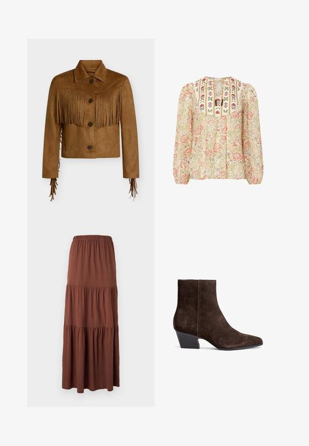 Bruine suède cropped jas met knoopsluiting, puntige kraag en franjes over borst en mouwen.; Blouse met een bloemenpatroon in pastelkleuren, voorzien van geborduurde verticale strepen en een sleutelgat halslijn, met pofmouwen en een zachte textuur.; Bruine maxi rok met lagen en elastische tailleband, gemaakt van zachte, lichte stof, plat hangend tegen een witte achtergrond.; Bruine suède enkellaarsjes met een puntige neus, middelgrote blokhak en minimale stiksels voor een strakke uitstraling.