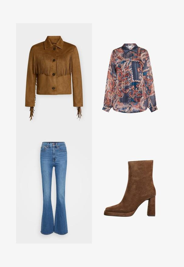 Bruine suède cropped jas met knoopsluiting, puntige kraag en franjes over borst en mouwen.; Lange mouwen, knoopsluiting shirt van lichtgewicht, patroonstof met paisley- en geometrische ontwerpen in blauw, rood en crèmekleurige tinten.; Flared blauwe denim jeans met een hoge taille, voorzien van gestikte zakken, metalen knoop en een soepele textuur. Klassiek vijf-pocket ontwerp.; Bruine suède enkellaars met blokhak en afgeronde vierkante neus, zijaanzicht op een witte achtergrond.