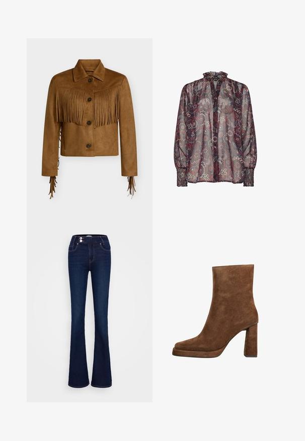 Brun ruskind cropped jakke med knaplukning, spids krave og frynse detaljer på tværs af bryst og ærmer.; Gennemsigtig bluse med et blomstermotiv i rød, blå og creme. Har en flæsekrave, knapdetalje og sammensnørede manchetter.; Mørkeblå jeans med vidde, lavet af denim, med høj talje, to forlommer og lynlås- og knaplukning med kontrastsyning.; Brun ruskind ankelstøvle med blokhæl og afrundet firkantet tå, vist fra siden på hvid baggrund.