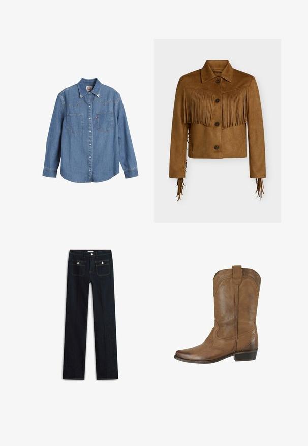 Bruine suède cropped jas met knoopsluiting, puntige kraag en franjes over borst en mouwen.; Lichtblauwe denim overhemden met lange mouwen, puntige kraag, twee borstzakken en contrasterende stiksels. Heeft een westers stijl yoke ontwerp.; Donkerblauwe spijkerbroek met een rechte pijp, voorzien van twee voorzakken en zichtbare stiknaden. Geen zichtbare slijtage.; Bruine leren cowboylaars tot halverwege de kuit met decoratieve stiksels, ronde neus, trekkoord bovenaan en lage gestapelde hak.