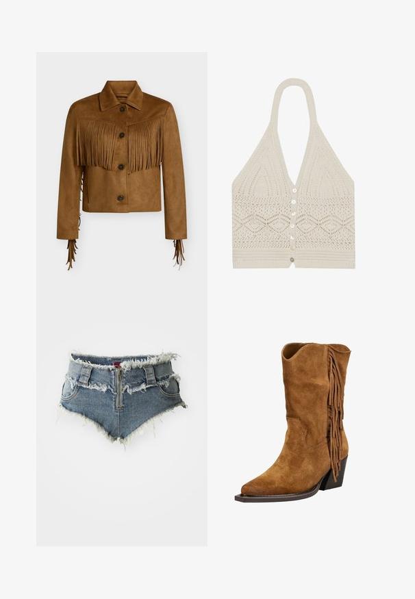 Braune Wildleder-Cropped-Jacke mit Knopfverschluss, spitzem Kragen und Fransen-Details über Brust und Ärmeln.; Strick-Haltertop in Creme, mit geometrischem Muster, tiefem V-Ausschnitt und fünf vorderen Knöpfen mit strukturierter Verarbeitung am Saum.; Denim-Shorts mit fransigem Saum, hoher Taille, Reißverschluss vorne und zwei vorderen Taschen. Das Material ist ein verblasstes blaues Denim mit abgenutzten Details.; Braune Wildleder-Cowboystiefel mit Fransenverzierung an der Seite und schrägem Blockabsatz auf weißem Hintergrund.