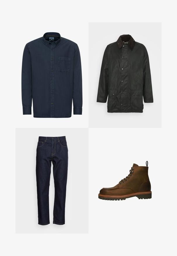 Barbour BEAUFORT - Kurzmantel - sage; Marineblaue Button-Down-Hemd aus Baumwolle. Verfügt über einen klassischen Kragen, lange Ärmel, eine einzelne Brusttasche und dezente Nähdetails.; Dunkelblaue Denim-Jeans mit geradem Schnitt, fünf Taschen und kontrastierendem gelben Nähten. Mit einem klassischen Knopf- und Reißverschluss ausgestattet.; Braune Leder-Stiefeletten mit runder Zehenform, metallenen Ösen und einer robusten Gummisohle. Enthält eine Zuglasche für ein einfaches An- und Ausziehen.