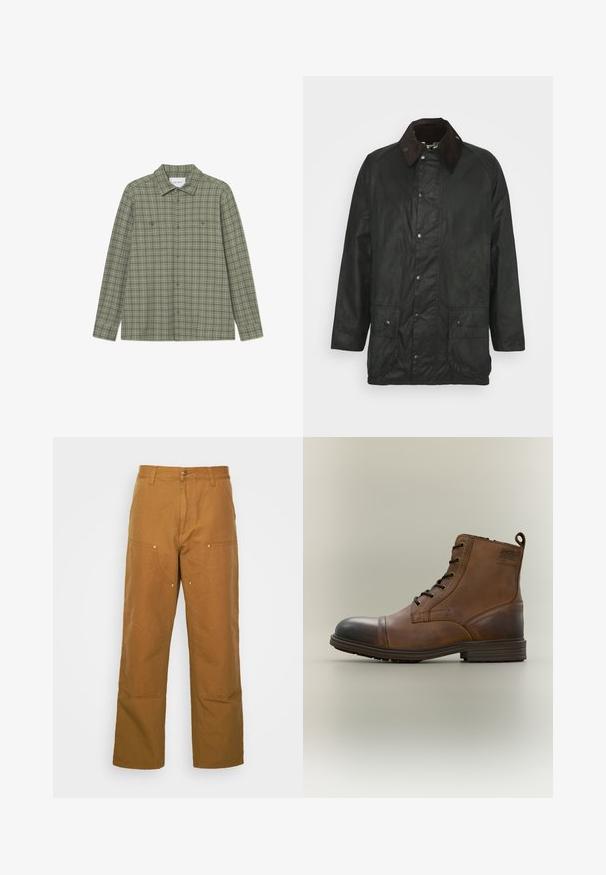 Barbour BEAUFORT - Kurzmantel - sage; Grünes kariertes Hemd mit Knopfverschluss, Punktkragen, langen Ärmeln, zwei Brusttaschen und lockerem Schnitt. Hergestellt aus einem strukturierten Stoff.; Braune Baumwoll-Arbeitshosen mit geradem Bein, die über Vordertaschen und Metallakzente für zusätzliche Strapazierfähigkeit verfügen.; Brauner Leder-Schnürstiefel bis zum Knöchel mit schwarzer Zehenkappe, runder Sohle und Markenlabel an der Seite vor schlichtem Hintergrund.