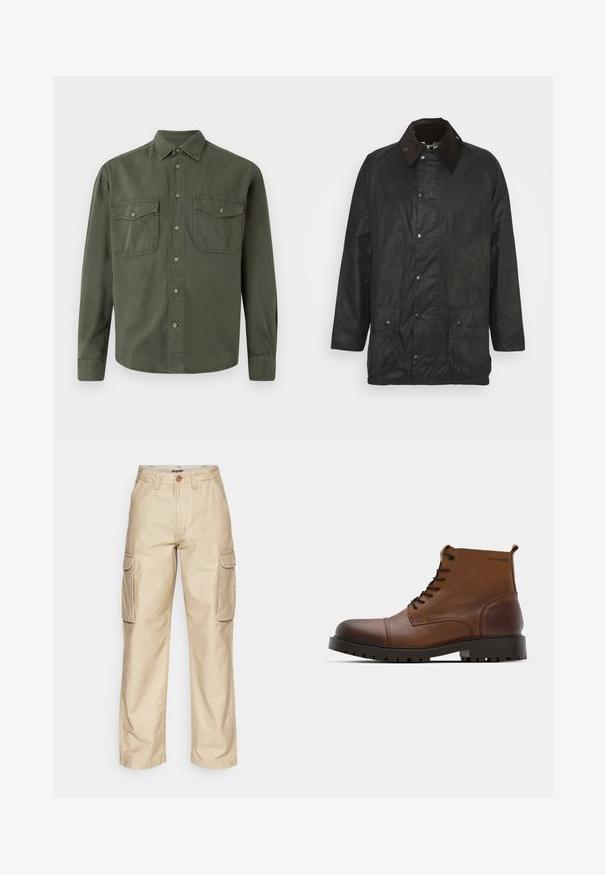 Barbour BEAUFORT - Kurzmantel - sage; Kahki Langarmhemd aus Baumwolle. Mit Knopfverschluss vorne, zwei Brusttaschen mit Klappen und klassischem Kragen. Schlichtes Design.; Beige Cargo-Hosen mit zwei Seitentaschen, Knopfverschluss, Gürtelschlaufen und geradem Bein. Hergestellt aus strapazierfähigem Baumwollmaterial.; Braune Leder-Stiefeletten mit runder Zehenform, schwarzen Schnürsenkeln und strukturiertem Gummisohle. Mit Logodetail an der Seite und glatter Oberfläche.