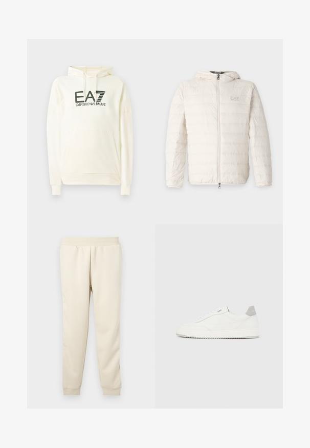 EA7 Emporio Armani TRAIN CORE - Chaqueta de plumas - whitecap gray; Sudadera blanca con capucha, hecha de un tejido suave, que cuenta con un bolsillo frontal y un logo impreso en verde oscuro. Mangas largas con puños de canalé.; Pantalones de chándal beige claro hechos de una tela suave, con un diseño ajustado, cinturilla elástica y puños en los tobillos. Sin patrones ni acentos visibles.; Zapatilla blanca de corte bajo con pestaña en el talón gris, cordones blancos y suela texturizada, presentada sobre un fondo claro y liso.