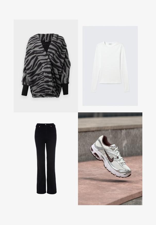 Flauschige, schwarz-graue zebra gestreifte Wickelbluse mit tiefem V-Ausschnitt, strukturiertem Stoff und schwarzen Rippbündchen. Anpassungsfähiges und gemütliches Design.; Langärmliges, schlichtes weißes Rundhals-Shirt mit schlanker Passform, dargestellt vor einem hellgrauen Hintergrund.; Schwarze, hoch taillierte Hose mit geradem Bein, Knopf- und Reißverschluss, Gürtelschlaufen und Vordertaschen.; Weißer und silberner Nike Laufschuh mit schwarzem Swoosh-Logo, der über einer Betonoberfläche im Freien schwebt.