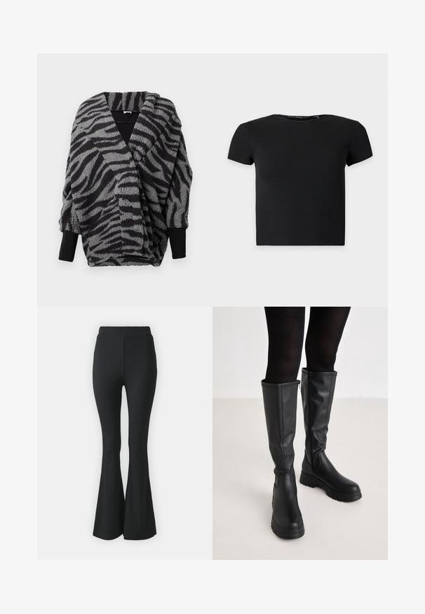 Flauschige, schwarz-graue zebra gestreifte Wickelbluse mit tiefem V-Ausschnitt, strukturiertem Stoff und schwarzen Rippbündchen. Anpassungsfähiges und gemütliches Design.; Schwarzes kurzärmeliges, geripptes Croptop mit rundem Ausschnitt, auf einfarbig hellem Hintergrund dargestellt.; Schwarze ausgestellte Hosen aus elastischem Stoff. Sie haben einen hohen Bund und ein glattes, eng anliegendes Design, das ab dem Knie nach unten ausgestellt ist.; Even&Odd Plateaustiefel - black