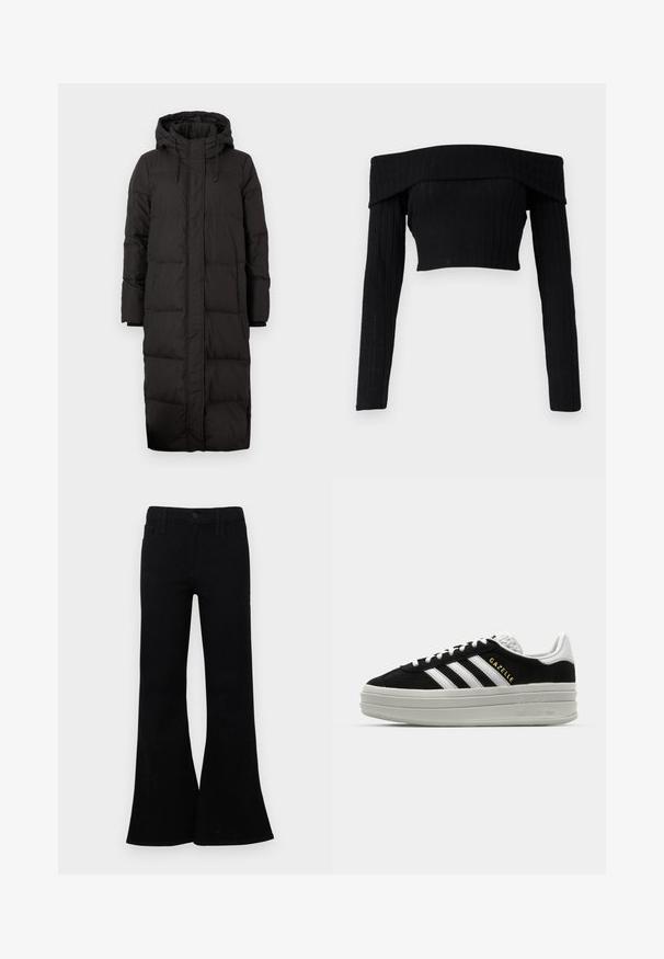 Sort pufferjakke med hætte, der har et langt design, quiltet tekstur, snorede detaljer og ribbede mansjetter.; Sort, off-the-shoulder ribbet strik crop top med lange ærmer, der har en foldet halsudskæring og en tætsiddende silhuet.; Sorte flared jeans lavet af denim, med en knaplukning og en fem-lomme design samt en glat tekstur. Markant flared kant.; Sort ruskind sneaker med hvide læderdetaljer, tre hvide striber, flade snørebånd og en tyk grå platformsål. Guldfarvet "Gazelle" branding.