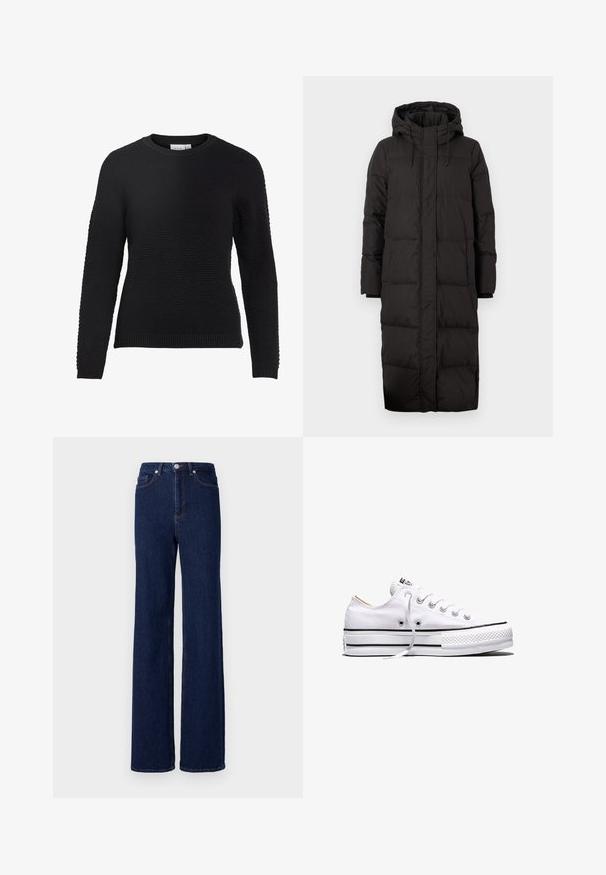 Sort pufferjakke med hætte, der har et langt design, quiltet tekstur, snorede detaljer og ribbede mansjetter.; Sort strikket sweater med et tekstureret mønster, rund halsudskæring og ribbede manchetter og kant. Lange ærmer og en tætsiddende design.; Mørkeblå denim jeans med høj talje, bred benudskæring og klassisk fem-pocket design. Afsluttet med kontrastsyning og en metalknap.; Hvid lavtop lærredssneakers med hvide snørebånd, sorte striber på sålen og gummieret tekstureret tåhætte, sidevendt på hvid baggrund.
