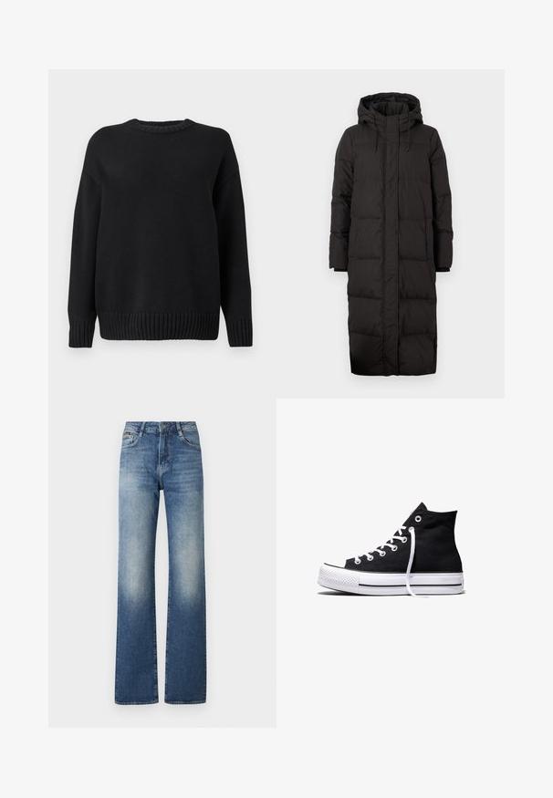 Doudoune noire avec capuche, présentant un design long, une texture matelassée, des accents à cordon de serrage et des poignets à côtes.; Pull en maille noir à manches longues avec col rond côtelé, poignets et ourlet, présenté sur un fond blanc uni.; Jeans bleu taille haute avec une finition délavée, jambes larges, design à cinq poches, et fermeture à bouton en métal à la taille.; Baskets montantes en toile noire avec semelle en caoutchouc blanche et lacets blancs, vues de côté sur un fond blanc.