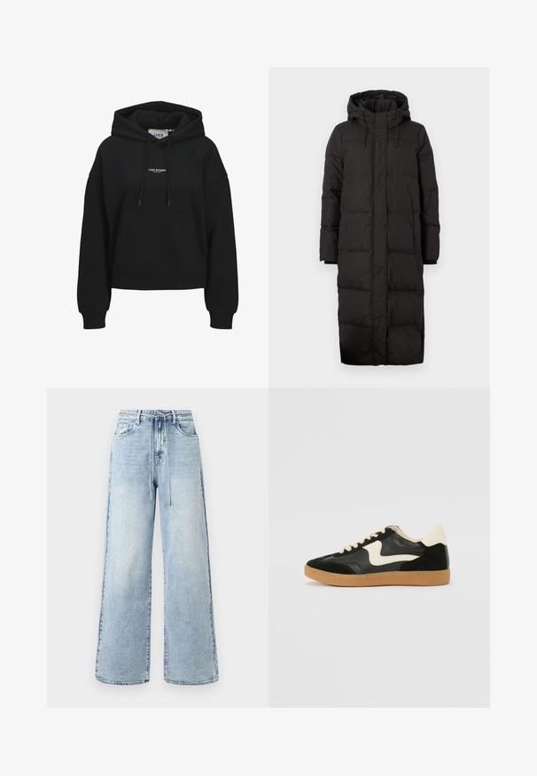 Abrigo puffer negro con capucha, diseñado en un largo, con textura acolchada, detalles de cordones y puños de manga acanalados.; Sudadera negra con capucha, bolsillo frontal, cordón ajustable en la capucha, puños y dobladillo acanalados, y pequeño texto blanco "JJXX STUDIO" centrado en el pecho.; Jeans anchos de color azul claro, confeccionados en denim, con una cintura alta, cierre con cordón y diseño de cinco bolsillos con un ligero desvanecimiento.; Zapatillas de deporte de ante y cuero negro con un swoosh lateral en crema y un talón en crema claro. Presenta cordones beige y una suela de goma marrón.