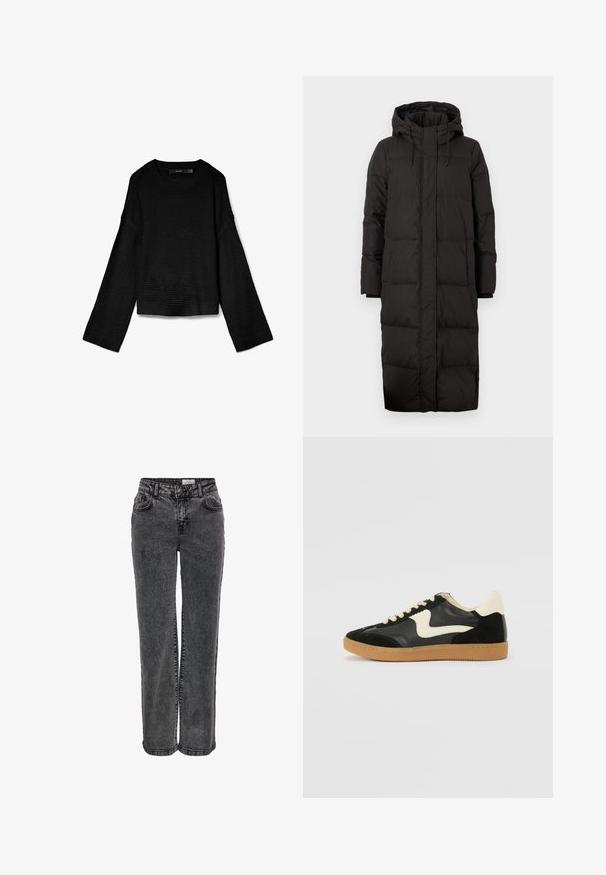 Sort pufferjakke med hætte, der har et langt design, quiltet tekstur, snorede detaljer og ribbede mansjetter.; Sort strikket sweater med rund halsudskæring, lange ærmer og cropped design. Strukturstof med ribbede manchetter og kant.; Sorte denimjeans med lige ben, der har forlommer, bæltestropper og en subtil, falmet tekstur.; Sorte ruskinds- og lædersneakers med en cremefarvet side-swoosh og lys cremefarvet hæl. Har beige snørebånd og en gummirubber-sål.