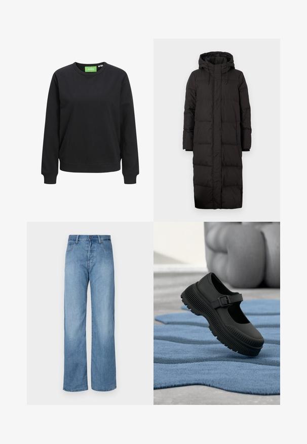 Mustnahallist jope kapuutsiga, millel on pikk disain, qiltitud tekstuur, kangast detailid ja ribakäised.; Mustast puuvillast crewneck-sviitrist. Omad ribakäised ja alumine äär, kaeluses on roheline sildike "JJXX".; Heledad sinine teksariie laiade jalgadega püksid klassikalise viie taskuga disainiga, nööbiga sulgemine ning õmbluste äärtes peened õmblustooted.; Mustad Mary Jane stiilis kingad paksu triibulise tallaga ja pandlakinnitusega, helesinisel tekstuuriga vaibal, taust on udune.