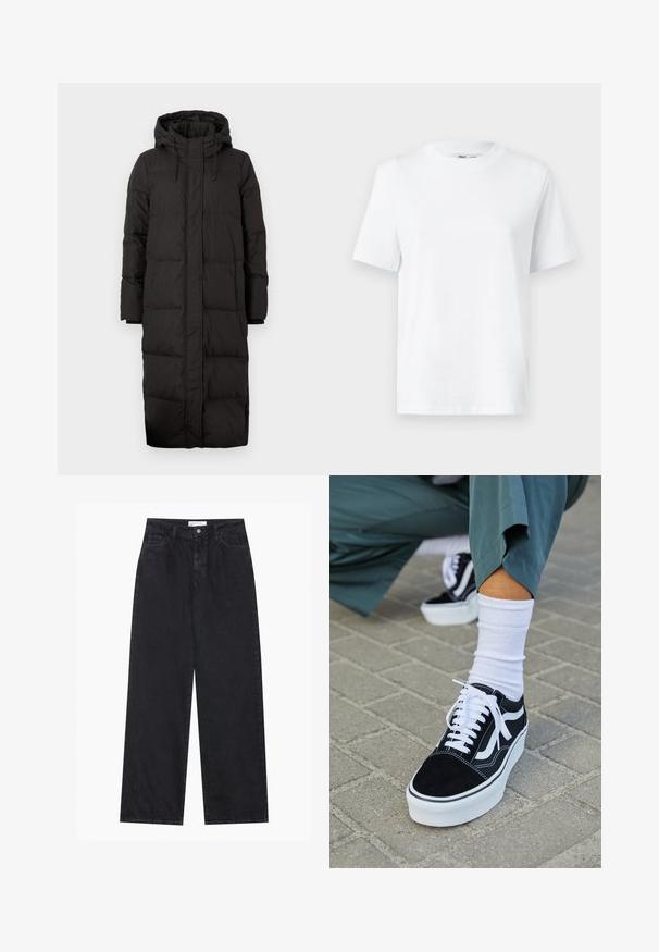 Schwarze Daunenjacke mit Kapuze, langer Schnitt, gestepptes Design, Zugbandakzente und gerippte Ärmelbündchen.; Weißes Baumwoll-T-Shirt mit Rundhalsausschnitt, kurzärmlig und mit glatter Textur. Entworfen mit einer lockeren Passform für Komfort und Vielseitigkeit.; Schwarze hoch geschnittene, weit geschnittene Jeans aus Denim mit Vorderknopf- und Reißverschluss, Gürtelschlaufen und fünf Taschen.; Schwarze Wildledersneaker mit weißen Akzenten und Schnürsenkeln, ausgestattet mit einer dicken weißen Sohle und kontrastierenden Nähten, kombiniert mit einer weißen Socke.