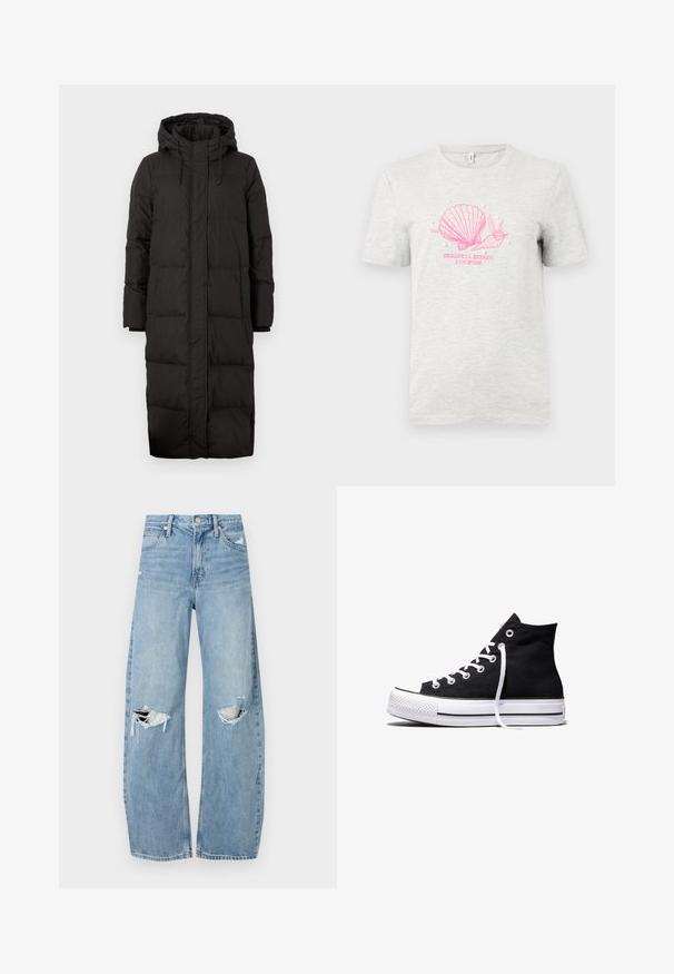 Doudoune noire avec capuche, présentant un design long, une texture matelassée, des accents à cordon de serrage et des poignets à côtes.; T-shirt en coton gris arborant un graphique d'une coquille rose et d'un escargot, avec "BEASHELL SEEKER SINCE 1996" imprimé en dessous, orné de perles décoratives blanches.; Jeans en denim bleu clair à taille haute. Présentent des jambes larges, deux zones déchirées aux genoux et un style classique à cinq poches.; Baskets montantes en toile noire avec semelle en caoutchouc blanche et lacets blancs, vues de côté sur un fond blanc.