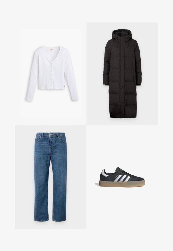 Abrigo puffer negro con capucha, diseñado en un largo, con textura acolchada, detalles de cordones y puños de manga acanalados.; Camisa de manga larga blanca de canalé con escote en V, cierre de botones en la parte delantera y dobladillo recto. Presenta una pequeña etiqueta de la marca en el lado inferior.; Jeans de mezclilla azul con corte recto y talle alto. Incluye bolsillos delanteros, cierre de botón y detalles de costura sutiles.; Zapatilla deportiva de cuero negro con tres rayas plateadas, punta texturizada y suela de goma. Cuenta con un collar acolchado y un diseño con cordones.
