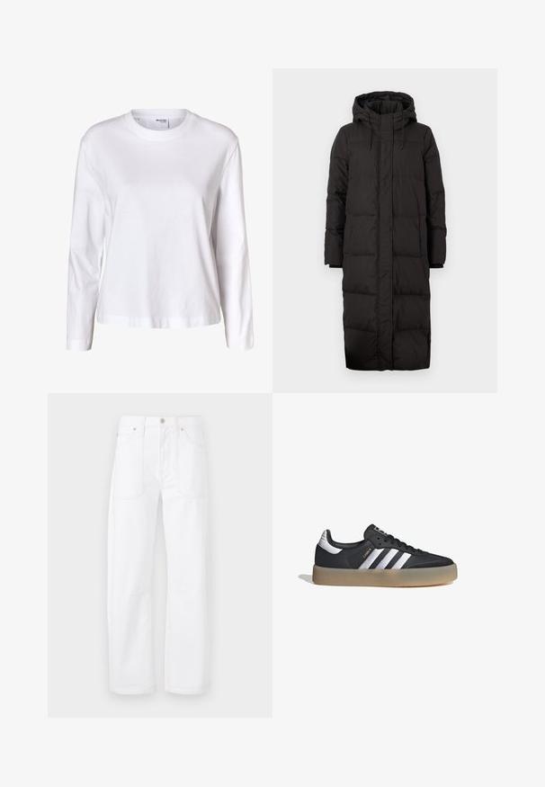 Abrigo puffer negro con capucha, diseñado en un largo, con textura acolchada, detalles de cordones y puños de manga acanalados.; Camisa blanca lisa de mujer con mangas largas, cuello redondo, bajo recto y sin patrones ni logos visibles.; Pantalones de mezclilla blanca con diseño de pierna recta, costuras naranjas en contraste, cinco bolsillos y cierre de botón y cremallera.; Zapatilla deportiva de cuero negro con tres rayas plateadas, punta texturizada y suela de goma. Cuenta con un collar acolchado y un diseño con cordones.