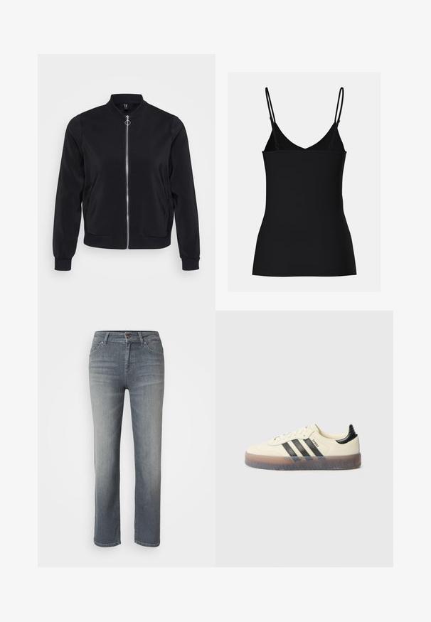 Chaqueta bomber negra de tela suave con cuello acanalado, mangas con puños y cremallera frontal. Presenta bolsillos laterales y un diseño minimalista.; Camiseta sin mangas negra con finas tirantes ajustables, diseño de escote en V, forma ajustada y textura sin costuras. Estilo simple y minimalista.; Jeans de mezclilla gris con corte recto, diseño de cinco bolsillos, cierre de botón y cremallera, y acabado ligeramente desgastado.; Zapatilla beige con tres rayas negras, puntera redonda, suela de goma texturizada y parte superior lisa. Presenta un talón acolchado y un branding minimalista.
