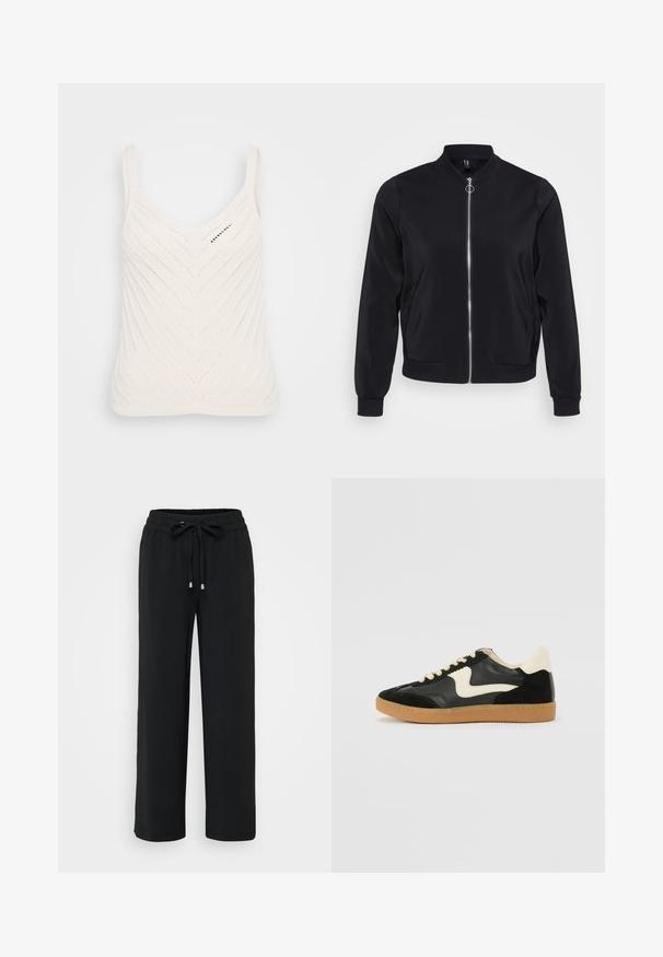 Sort bomberjakke i glat stof med ribbet krave, manchetterede ærmer og en lynlås i fronten. Indeholder sidelommer og har et minimalistisk design.; Hvid strikket tanktop med V-hals, der har et zigzag-mønster og tynde stropper. Teksturen er let og luftig.; Sort, bredde bukser lavet af et blødt stof. Har en elastisk talje med snor og metalender. Glat tekstur, ingen mønstre.; Sorte ruskinds- og lædersneakers med en cremefarvet side-swoosh og lys cremefarvet hæl. Har beige snørebånd og en gummirubber-sål.