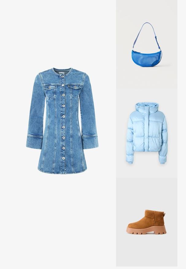 Vaaleansininen, lyhyt toppatakki, jossa korkea kaulus, joustavat hihansuut ja etuvetoketju. Sileä, kiiltävä kangas, jossa ommellut osiot.; Denim-mekko, jossa on vaaleansininen pesu, nappi edessä, kaksi rintataskua ja pitkät hihat. Mukana rakenteelliset saumat ja levenevä helma.; Vaaleanruskeat nubuck-nilkkurit, joissa on pyöreä varvas, teksturoitu ruskea pohja ja vetotuki. Ominaisuuksina on ommeltu sauma ja paksu pohjarakenne.; Sininen verkko-olkalaukku, jossa säädettävä hihna ja vetoketjullinen suljin, esitetty yksinkertaisen valkoisen taustan edessä.