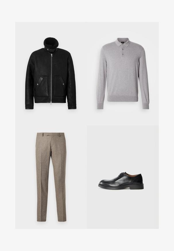 Veste en cuir noir avec un col montant et une fermeture éclair. Dispose de deux poches avant à rabat. Texture lisse avec une finition mate.; Polo manches longues gris en tissu doux, avec col, patte à trois boutons et poignets et ourlet côtelés.; Pantalons en mélange de laine marron avec une coupe droite, présentant une texture subtile et des plis, terminés par une taille classique.; Chaussure de ville en cuir noir avec un bout arrondi, surface lisse, détails en dentelle et une semelle en caoutchouc texturée basse. Lignes épurées et design minimal.