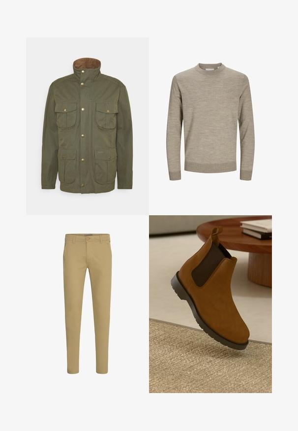 Barbour SANDERLING CASUAL - Lichte jas - fern; Beige lange mouw trui met ronde hals, geribbelde manchetten en zoom, weergegeven op een witte achtergrond.; Beige slim-fit chinos met knoop- en ritssluiting, schuine voorzakken en riemlussen, afgebeeld op een witte achtergrond.; Bruine leren Chelsea-boots met zwarte elastische zijpanelen, een ronde neus, een getextureerde rubberen zool en een kleine trekband aan de achterkant.