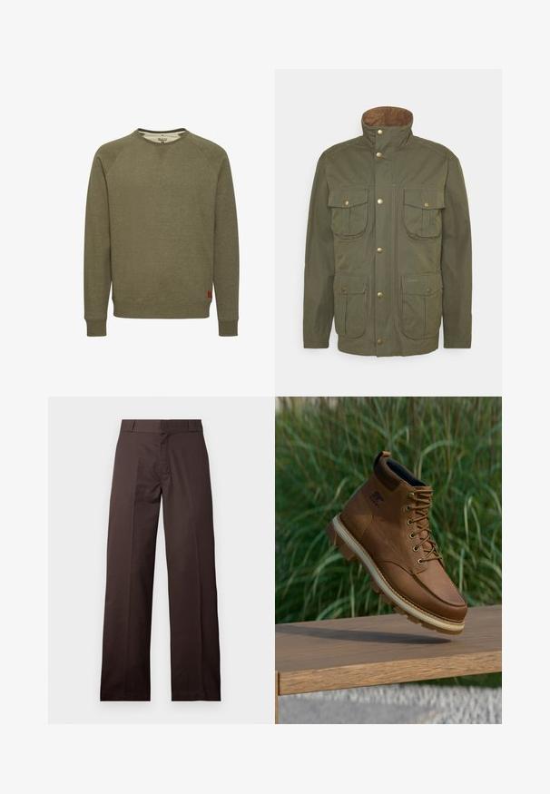 Barbour SANDERLING CASUAL - Καλοκαιρινό μπουφάν - fern; Ελιά πράσινη φούτερ φτιαγμένη από μαλακό ύφασμα, με στρογγυλή λαιμόκοψη, ριμπ μανσέτες και τελείωμα, καθώς και μία μικρή κόκκινη ετικέτα λογότυπου στο κάτω αριστερό μέρος.; Καφέ παντελόνι με ίσια γραμμή, θηλιές για ζώνη και εμπρόσθιο φερμουάρ, εμφανίζεται σε απλό, ανοιχτό φόντο.; Καφέ δερμάτινο ορειβατικό μποτάκι Sorel με παχιά σόλα, που αιωρείται πάνω από ξύλινη επιφάνεια, με πράσινο γρασίδι στο φόντο.