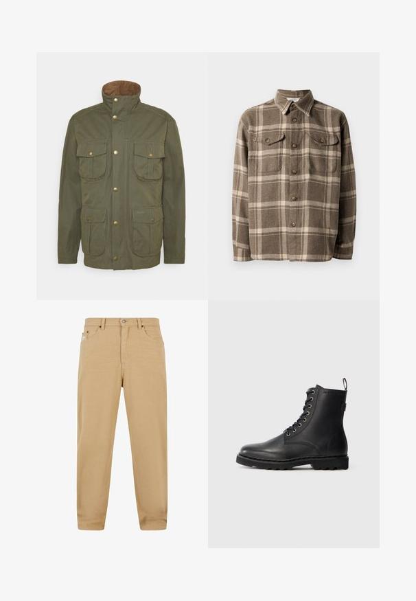 Barbour SANDERLING CASUAL - Suvejakk - fern; Pruun ja koorepruuni ruudulise flanellist särk, millel on nööbiga eesmine osa, kaks rinna taskut ja klassikaline krae. Pehme tekstuur ja mugav lõige.; Beežid puuvillased püksid sirge lõikega, millel on tõmblukk, viis taskut ja diskreetne õmblustäpsus. Sile tekstuur ja klassikaline disain.; Mustad mustav nahast pahkluu saapad ümmarguse varbaga, nööridega disain ja metallist silmad. Omab tekstureeritud talla ja tõmbeabba kanna juures hõlpsaks selga panemiseks.