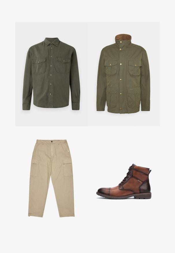 Barbour SANDERLING CASUAL - Leichte Jacke - fern; Kahki Langarmhemd aus Baumwolle. Mit Knopfverschluss vorne, zwei Brusttaschen mit Klappen und klassischem Kragen. Schlichtes Design.; Beige Cargo-Hosen aus leichtem Stoff mit lockerer Passform, ausgestattet mit zwei Seitentaschen und sichtbaren Nähdetails.; Braunleder- und Stoff-Herrenstiefel mit Knöchelhöhe, Schnürung, Nähdetails, flachem Absatz und Markenlogo an der Seite.