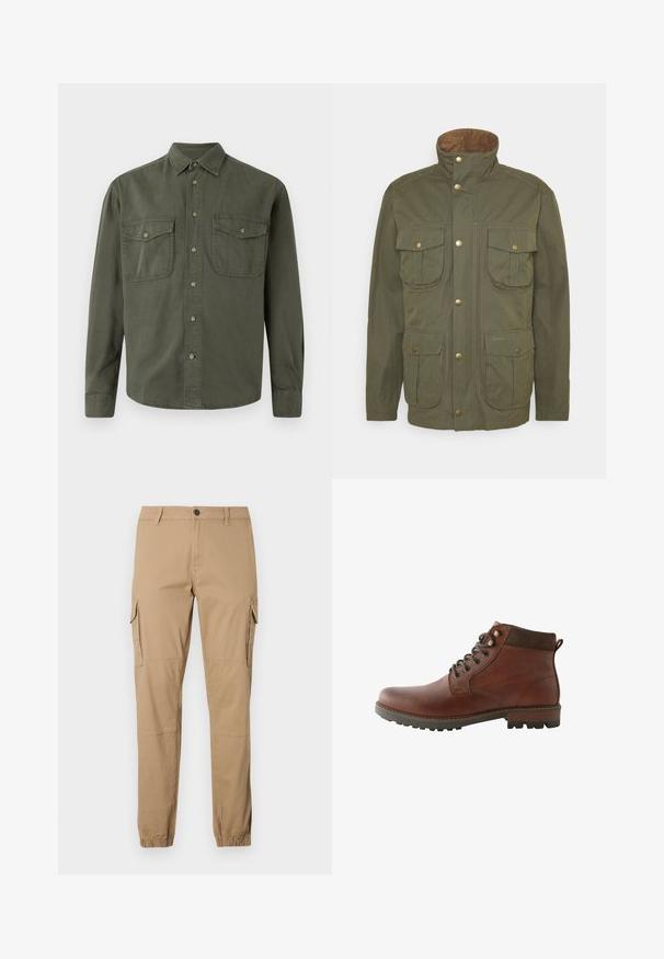 Barbour SANDERLING CASUAL - Suvejakk - fern; Khaki värvi puuvillane pikkade varrukatega särk. Omab nööbiga eesmist sulgemist, kahte rinna taskut klappidega ja klassikalist kraed. Lihtne disain.; Beežid puuvillasegust kotipüksid, millel on külgmised kotitaskud, kitsenevad sääred, elastsed mansetid ja vöökohal nööpidega kinnis.; Pruun nahast paeltega pahkluu saabast tumeda pruuni pehmendatud äärega ja tugeva tallaga, külgvaates valgel taustal.