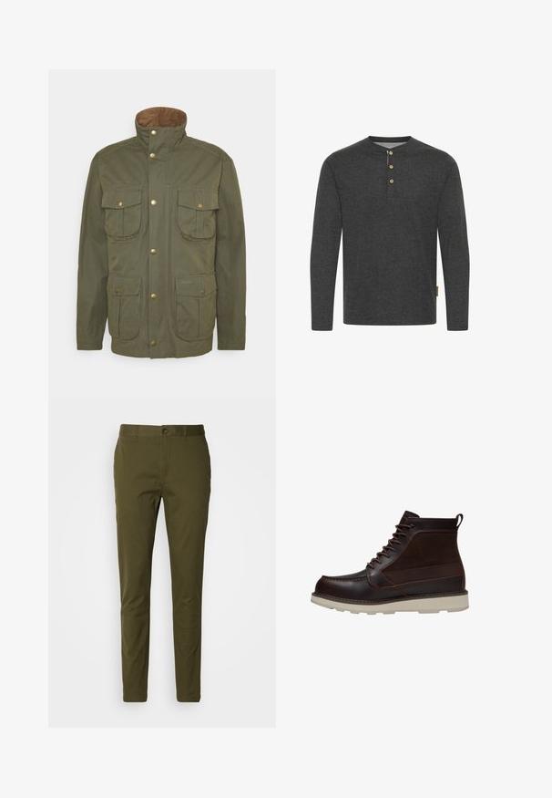 Barbour SANDERLING CASUAL - Καλοκαιρινό μπουφάν - fern; Σκούρο γκρι μακρυμάνικo πουκάμισο φτιαγμένο από μαλακό ύφασμα, με λαιμόκοψη henley που διαθέτει τρία ξύλινα κουμπιά και ετικέτα στο πλάι.; Ελαιόχρωμο παντελόνι από μαλακό βαμβάκι, με κλείσιμο από κουμπί, σχεδίαση slim fit και ελάχιστα ραφές στη ζώνη.; Σκούρο καφέ δερμάτινο μποτάκι αστραγάλου με κορδόνια μπροστά, ανοιχτό μπεζ παχύ πέλμα και λουράκι από πίσω, απεικονίζεται σε λευκό φόντο.