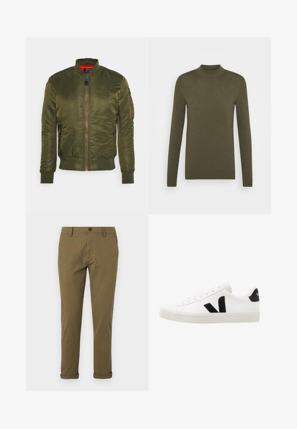 Schott AIRFORCERS - Bomberjakke - army kaki; Oliven grøn, langærmet polo sweater lavet af et blødt strikstof. Den har ribbede kanter ved hals og manchetter samt en tætsiddende pasform.; Herre slim-fit khaki chinos med bæltestropper, knaplukning, sidelommer og opsmøgede buksekant på hvid baggrund.; Hvide lædersneakers med sorte ruskindsdetaljer; har en gummisål, rund tå og klassisk snørebåndsdesign. Side logo i sort.
