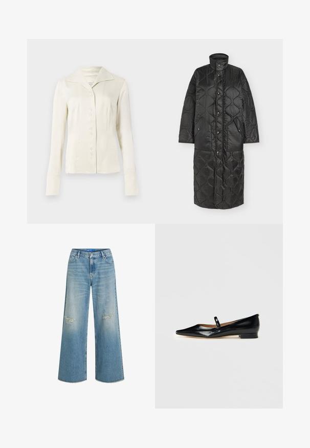 Lange zwarte gewatteerde jas met hoge kraag, vooraan drukknopen, twee klepzakken en een golvend stikselpatroon over de hele stof.; Off-white blouse met lange mouwen en knopen, voorzien van een brede kraag en een getailleerde taille, gepresenteerd tegen een effen lichte achtergrond.; Lichtblauwe denim wijde broek met versleten kniestukken en rafelige zoom. Klassiek vijfzakkenontwerp en knoopsluiting.; Zwarte gepatineerde leren puntige Mary Jane ballerina met een enkele band en een lage hak op een effen achtergrond.