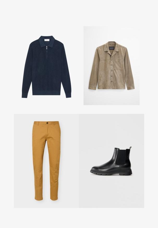 Beige herrejakke i ruskind med lange ærmer, knaplukning foran, brystlomme, to sidelommer og en klassisk krave.; Mørk marineblå strikket langærmet polo shirt med ribbet tekstur og en kort sølv lynlås ved kraven.; Slim fit herre chinos i sennepsgul med bæltestropper, frontknap og lynlås, vist mod en ensfarvet baggrund.; Sorte læder Chelsea-boots med elastiske paneler, rund tå og tekstureret gummisål. Har en løkkering bagpå for nem påklædning.