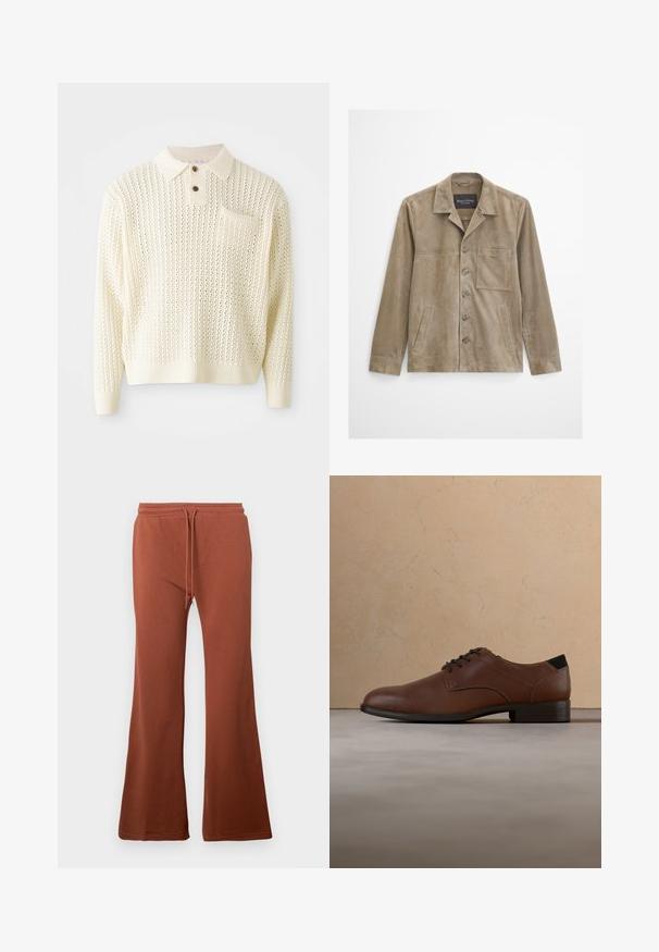 Beige samettinen miesten takki, jossa pitkät hihat, napitettu edessä, rintatasku, kaksi sivutaskua ja klassinen kaulus.; Vaalean kermavärinen neulepullover, jossa on kuvioknittausteksti, kaksinappinen avaus ja rintatasku. Varustettu ribbaatuilla hihoilla ja helmalla.; Ruske leve sweatpants, laget av mykt stoff. Har elastisk midjebånd med snøring og en glatt tekstur. Ingen synlige mønstre.; Ruskeat nahkaiset miesten juhlakengät mustilla nauhoilla ja pohjalla, leijumassa kuvioidun beigevärisen maton ja beigen sohvan taustalla.