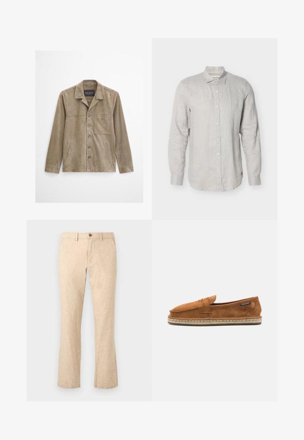 Veste pour homme en daim beige à manches longues, fermeture à boutons sur le devant, poche poitrine, deux poches latérales et col classique.; Chemise à manches longues gris clair avec col, boutons simples aux poignets et un petit logo rouge près de l'ourlet inférieur sur fond blanc.; Pantalon en lin beige à coupe droite avec fermeture par bouton et zip, passants de ceinture et poches avant sur fond blanc.; Chaussure slip-on en suede marron avec un bout arrondi, présentant une semelle en jute tissée et une petite sangle d'accent à l'avant.