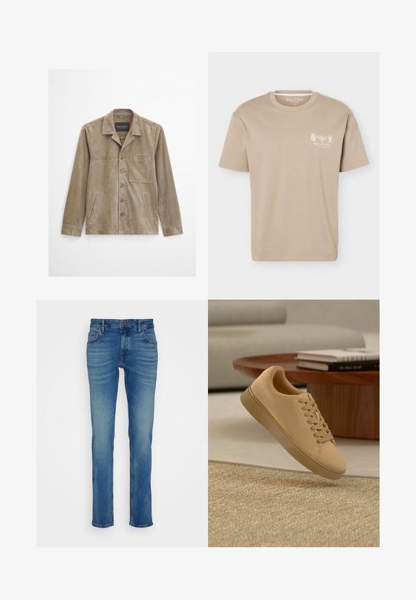 Beige herrejakke i ruskind med lange ærmer, knaplukning foran, brystlomme, to sidelommer og en klassisk krave.; Beige kortærmet T-shirt med rund halsudskæring med små insektgrafikker og "Marc O'Polo" logo på venstre bryst.; Blå denim jeans med lige pasform, fem lommer og en knappet talje med en let falmning og slidte detaljer.; Beige snørestøvler, der svæver over et tekstureret tæppe med et træ sofabord og stablede bøger i en sløret baggrund.