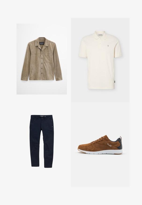 Beige Wildlederjacke für Herren mit langen Ärmeln, Knopfleiste, Brusttasche, zwei Seitentaschen und klassischem Kragen.; Off-white kurzärmeliges Poloshirt mit zwei Knöpfen, kleinem Logo auf der linken Brust und Kragen, vor einfarbigem Hintergrund dargestellt.; Marineblaue Baumwollhose mit geradem Schnitt. Verfügt über zwei Seitentaschen und einen Knopfverschluss. Minimalistisches Design mit dezenten Akzenten.; Braune Wildleder-Sneaker mit weißer Sohle. Mit durchbrochenen Details, Schnürung auf der Vorderseite und blauen Lederakzenten an der Ferse.