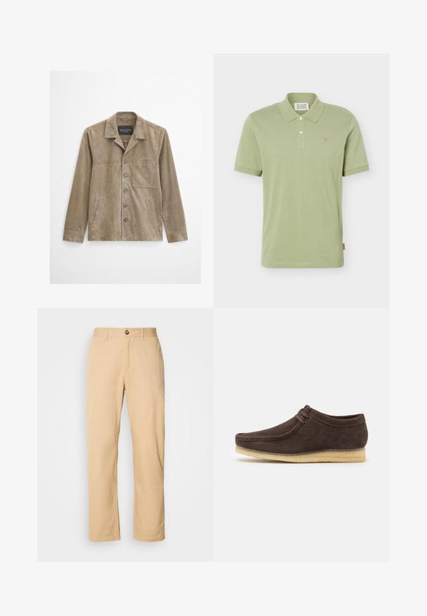 Beige herrejakke i ruskind med lange ærmer, knaplukning foran, brystlomme, to sidelommer og en klassisk krave.; Lysegrøn kortærmet polo med krave, to hvide knapper og lille broderet logo på venstre bryst.; Khaki bomuldsbukser med lige ben-design, der har en frontknaplukning og bæltestropper. Glat tekstur og ensartet overflade.; Brune ruskindsko med en glat overflade, rund tå og minimalistisk design. Har en lysgummisål og kontrastfarvet snøredetalje.