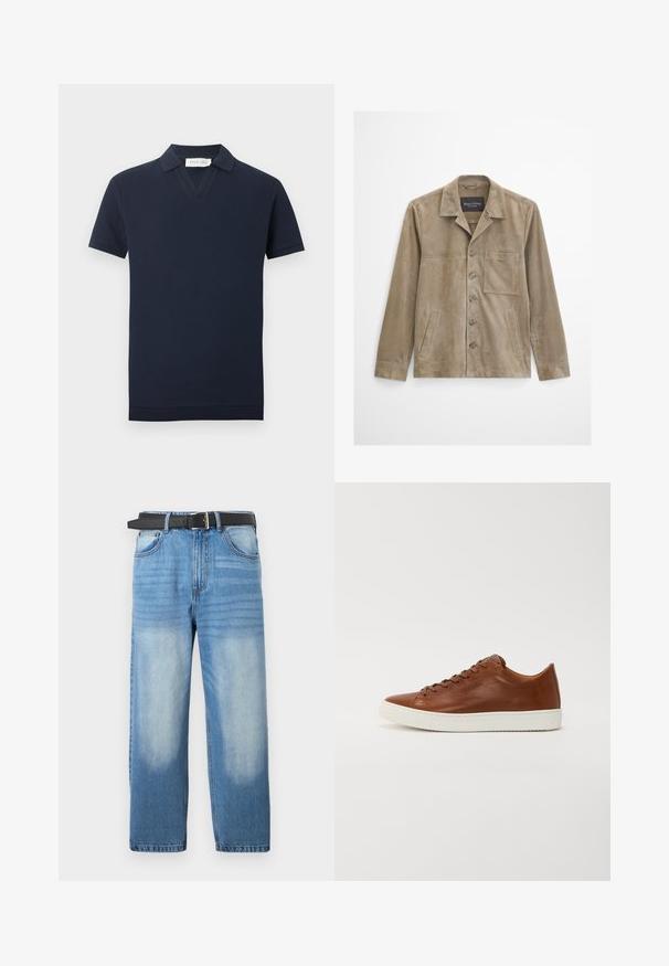 Veste pour homme en daim beige à manches longues, fermeture à boutons sur le devant, poche poitrine, deux poches latérales et col classique.; Polo en maille bleu marine à manches courtes avec texture gaufrée, encolure en V et poignets et ourlet côtelés.; Jean en denim bleu clair avec une coupe droite, doté d'une ceinture noire, avec des zones décolorées et une texture diagonale subtile sur la partie supérieure.; Baskets en cuir brun avec un bout arrondi, semelle en caoutchouc blanc et lignes épurées. Présente une fermeture lacée et un logo discret sur le côté.