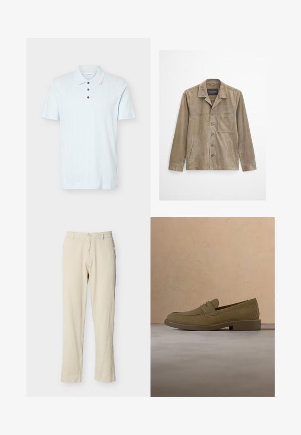 Veste pour homme en daim beige à manches longues, fermeture à boutons sur le devant, poche poitrine, deux poches latérales et col classique.; Polo bleu clair à manches courtes avec col, trois boutons foncés et fines rayures verticales texturées.; Pantalon beige à jambes droites avec passants pour ceinture, fermeture par bouton, et poches avant, présenté sur un fond blanc uni.; Mocassin en daim marron flottant au-dessus d'un tapis beige texturé dans un salon avec une table basse en bois et des livres empilés.