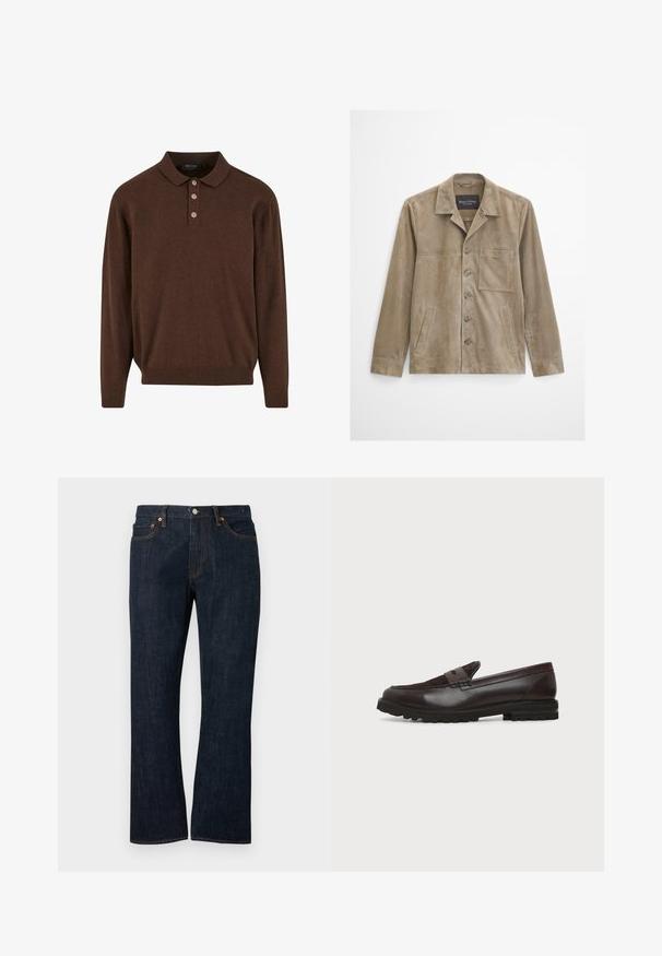 Veste pour homme en daim beige à manches longues, fermeture à boutons sur le devant, poche poitrine, deux poches latérales et col classique.; Pull-over en maille marron à manches longues avec un ourlet et des poignets côtelés, doté d'une patte de boutonnage à trois boutons et d'une coupe décontractée.; Jean droit en denim bleu foncé avec poches avant, rivets en cuivre et fermeture par bouton.; Mocassin penny en cuir et daim marron foncé avec semelle épaisse en caoutchouc noir, profil latéral sur fond blanc.