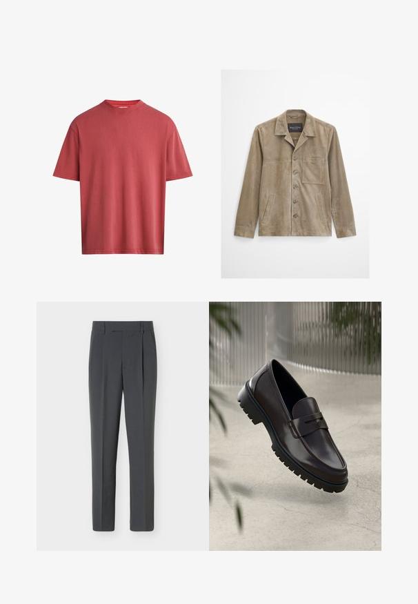 Beige Wildlederjacke für Herren mit langen Ärmeln, Knopfleiste, Brusttasche, zwei Seitentaschen und klassischem Kragen.; Rotes T-Shirt mit kurzen Ärmeln aus weicher Baumwolle. Rundhalsausschnitt mit entspanntem Schnitt und glatter Textur, mit einfachem Muster.; Dunkelgraue, maßgeschneiderte Hose mit Gürtelschlaufen, einer vorderen Bügelfalte und einem schlanken geraden Schnitt, flach auf hellem Hintergrund gezeigt.; Braune Leder-Loafers mit einer strukturierten, geriffelten Gummisohle. Sie zeichnen sich durch ein schlankes Design und einen dekorativen Riemen über dem Spann aus.
