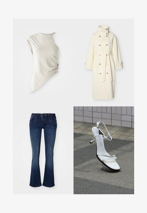 Cremeweißer langer Trenchcoat mit hohem Kragen, doppelreihigen Knöpfen, weiten Ärmeln und einem gebundenen Gürtel in der Taille.; Asymmetrisches ärmelloses Oberteil aus leicht beigem Stoff, mit U-Ausschnitt und gerafftem Detail an der Seite für Textur.; Dunkelblaue Denim-Jeans mit ausgestelltem Bein, mittelhohem Bund, fünf Taschen und dezenten Nahtdetails an den Nähten und Taschenkanten.; Weiße, mit Riemchen versehene Sandale mit hohem, dünnem Absatz, schwarzer Sohle und Markenname "Replay" auf der Innensohle, fotografiert auf Asphalt in der Nähe einer gefliesten Wand.