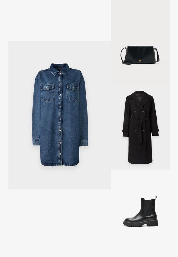 Musta topeltne narmastega trench coat, mis on valmistatud tekstuuriga villakangast. Omab suuri nuppe, vööd ja klassikalist kraed.; Tumedast sinine teksashirt, millel on krae, eest nupuga kinnis, kaks rinna taskut ja pikad varrukad nupuga mansettide ning.; Must hõbesidega Chelsea saapad, millel on kummist külgepanemispaelad, ümar nina, paks kummist tald ja tõmblukk kanna juures.; Must musta õlakotid ristküliku kujuga, kuldsete detailide aktsentide ja eemaldatava rihmaga. Esiküljel on peen logo.