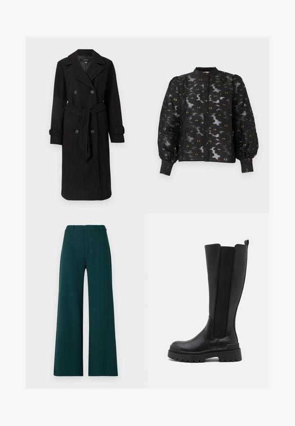 Schwarzer doppelt knopfbarer Trenchcoat aus strukturiertem Wollstoff. Verfügt über große Knöpfe, eine taillierte Taille und einen klassischen Reverskragen.; Schwarze durchsichtige Bluse mit floralem Spitzenmuster, goldenen Akzenten, langen Puffärmeln, Knopfleiste und hohem Kragen mit dekorativem Besatz.; Weite Hosen aus dunkelgrünem Stoff. Mit hoher Taille, vorderen Falten und Gürtel-Schlaufen. Glatte Textur und maßgeschneidertes Design.; Even&Odd Plateaustiefel - black