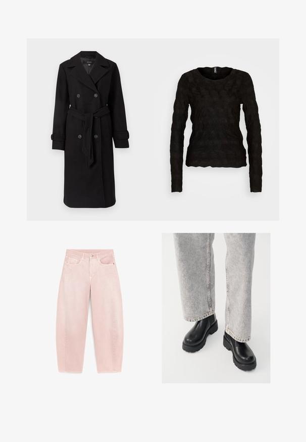 Musta topeltne narmastega trench coat, mis on valmistatud tekstuuriga villakangast. Omab suuri nuppe, vööd ja klassikalist kraed.; Pieces PCLOLA O NECK - Pikkade varrukatega topp - black; Hele roosad kõrge vöökohaga teksad, millel ees nupu ja lukuga sulgemine, vööaasad, kaks eesmist taskut ning lõdvestunud sirge säärega lõige.; Vagabond COSMO - Platvormtallaga poolsaapad - black